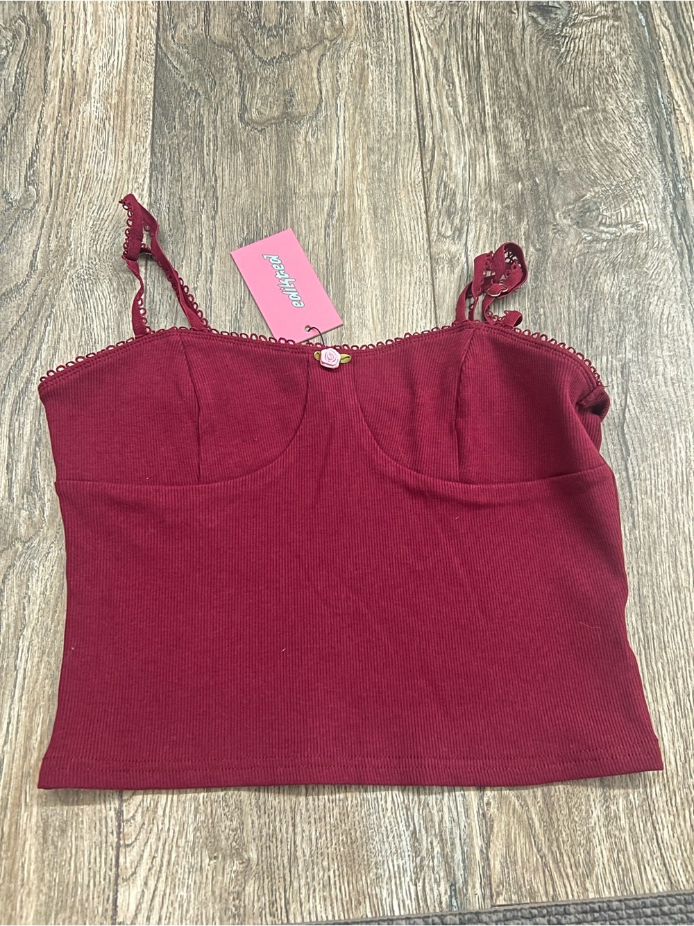 Edikted Wine Red Ribbed Lace-Trim Cami